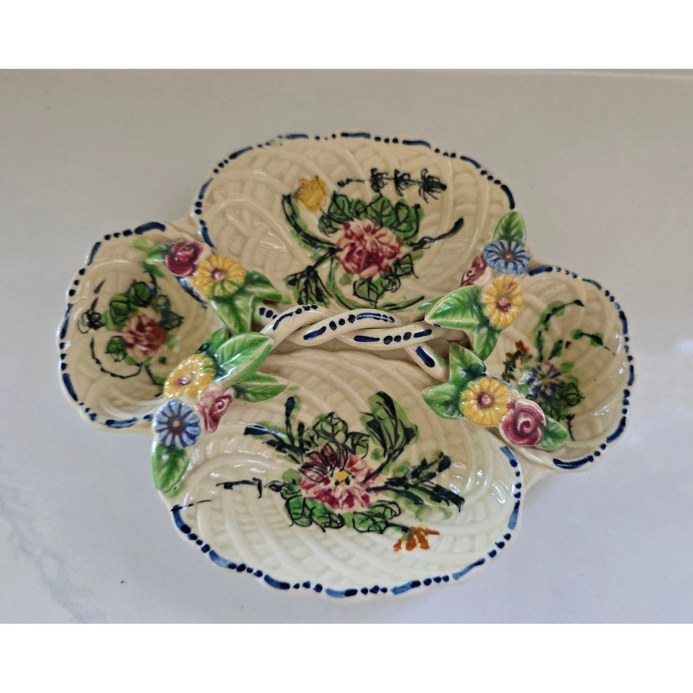 Vintage Made in Japan Floral Basketweave 4 Section Divided Candy Dish Handle
